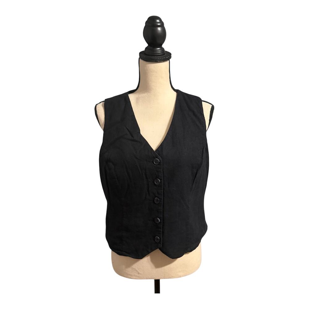 Express Wmns Black Linen Blend V-Neck Front Button Vest Sz L Classic Minimalist